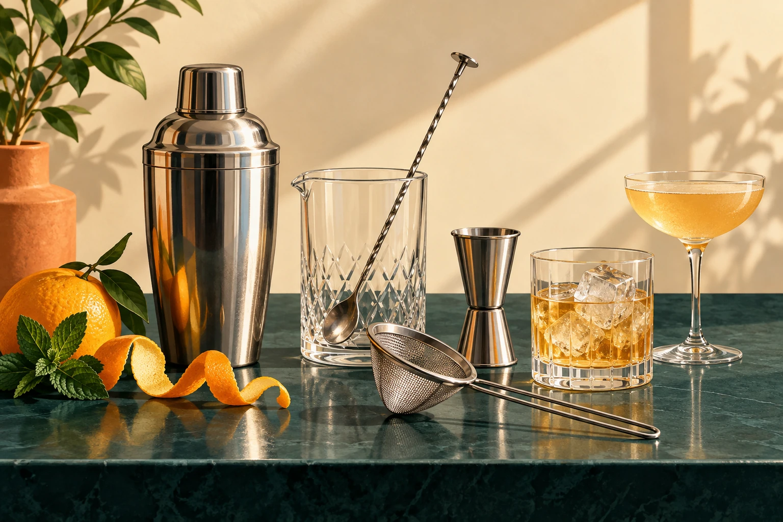 Cocktail shaker, mixing glass, bar spoon, fine strainer, jigger, citrus peel and mint beside a tumbler and stemmed glass.