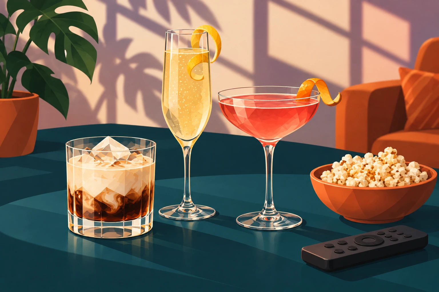 Illustration of a creamy rocks drink, a sparkling flute and a pink cocktail beside popcorn on a home-bar counter.