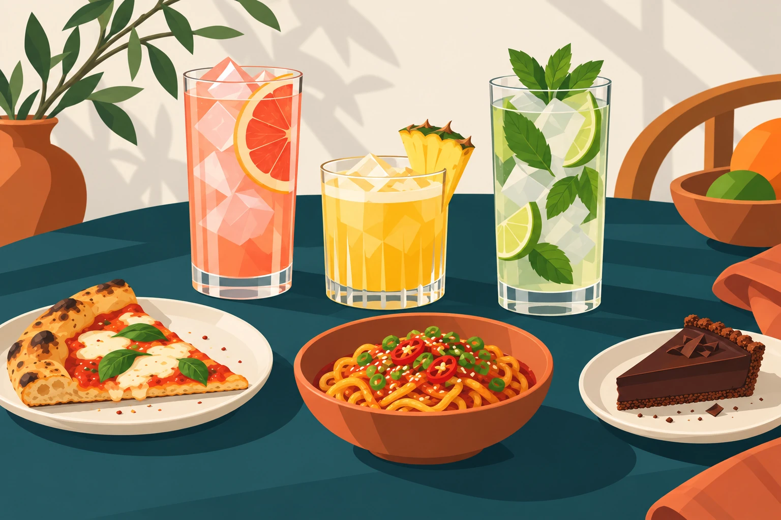 Illustration of grapefruit, pineapple and mint drinks beside pizza, spicy noodles and chocolate tart.