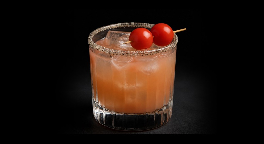 50/50 Tomato Margarita cocktail on a dark studio background