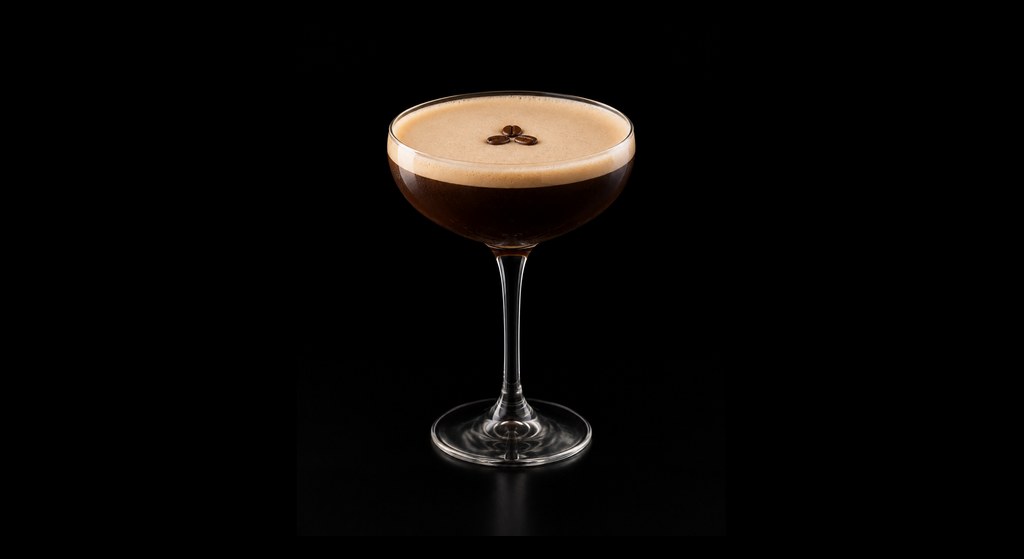 Aged Grappa Espresso Martini cocktail on a dark studio background