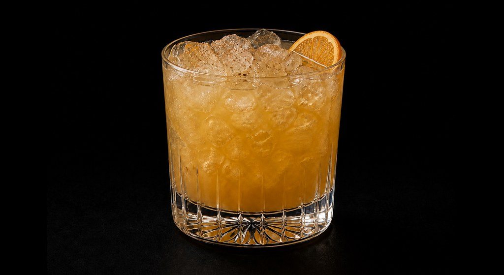 Agricole Rhum Punch cocktail on a dark studio background