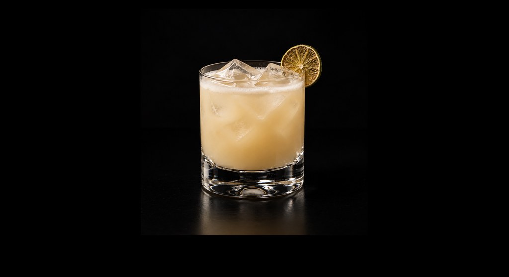 Almond Margarita cocktail on a dark studio background