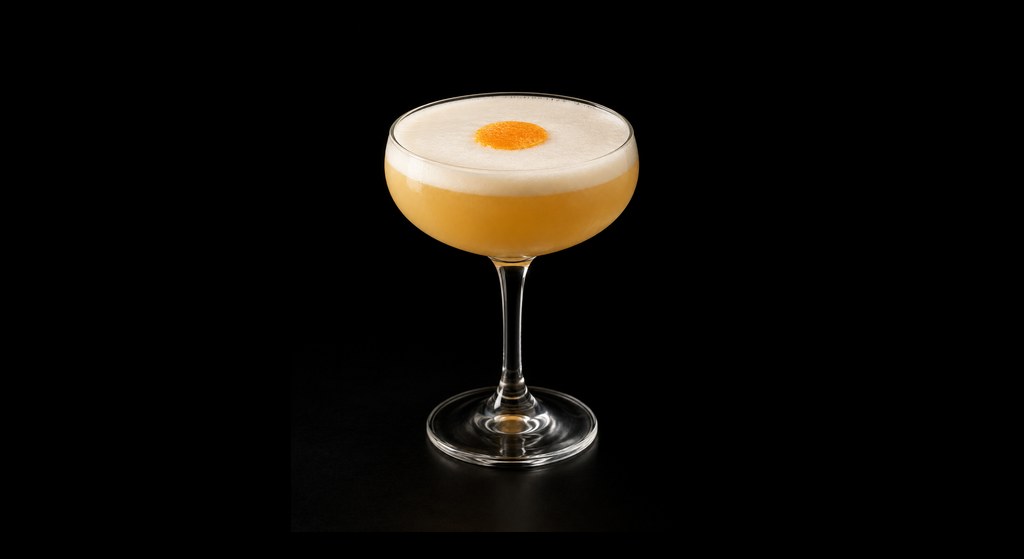 Amaretto Stone Sour cocktail on a dark studio background