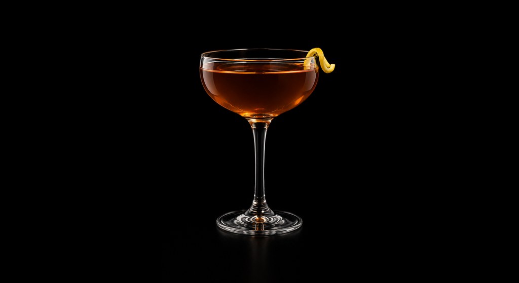 Amaro-etti Biscotti cocktail on a dark studio background