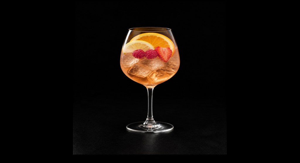 Aperol Rosé Sangria cocktail on a dark studio background