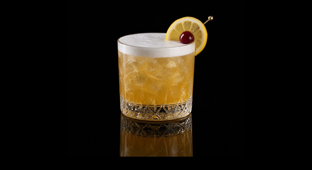 Apple Brandy Sour cocktail on a dark studio background