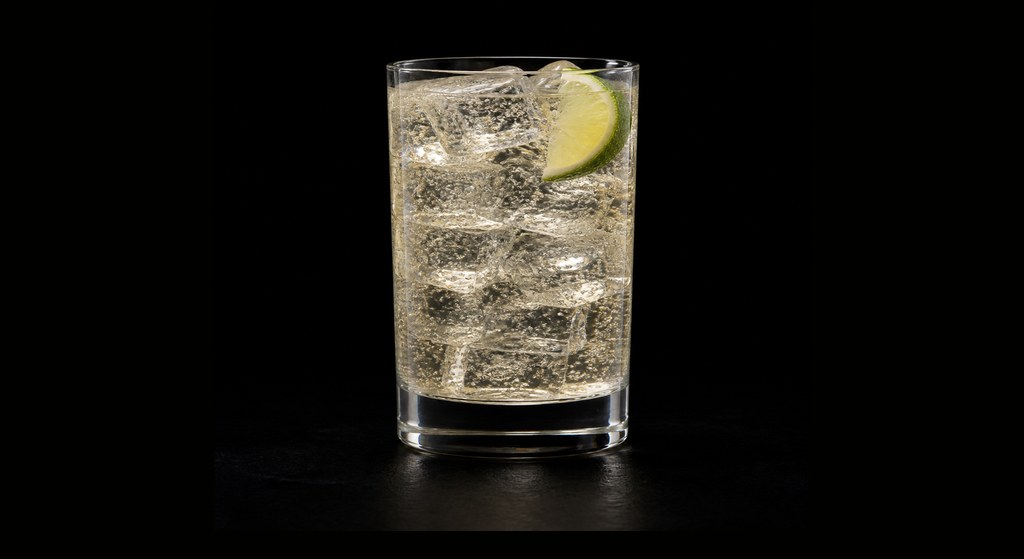 Apple Rum Rickey cocktail on a dark studio background