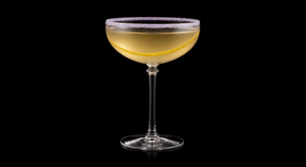 Armagnac Crusta cocktail on a dark studio background
