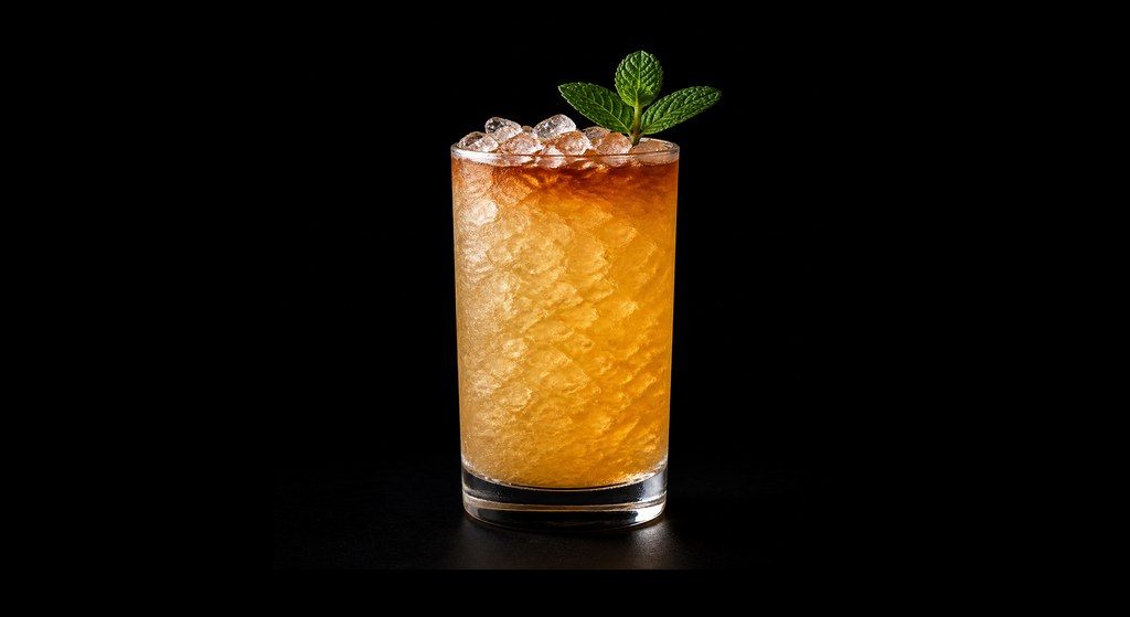 Back Porch Swizzle cocktail on a dark studio background