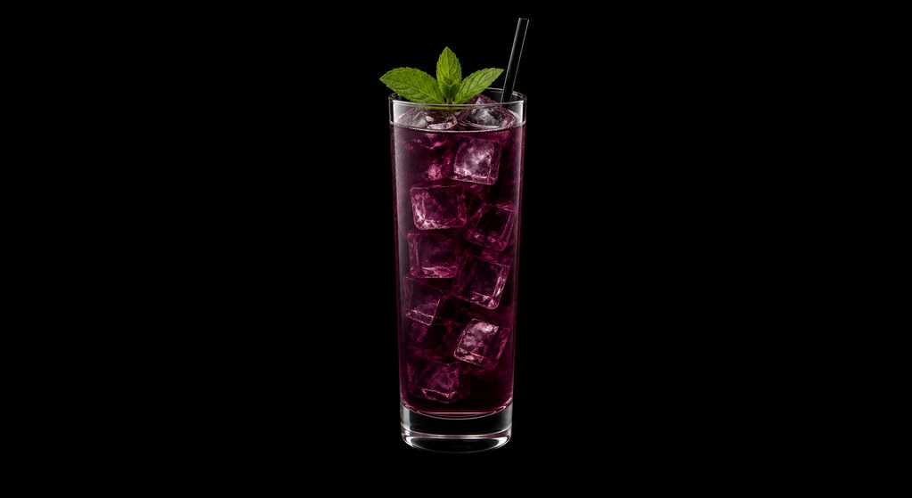 Basil Bramble Sling cocktail on a dark studio background