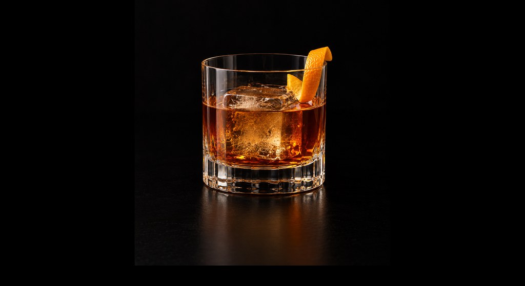 Benton's Old Fashioned cocktail on a dark studio background