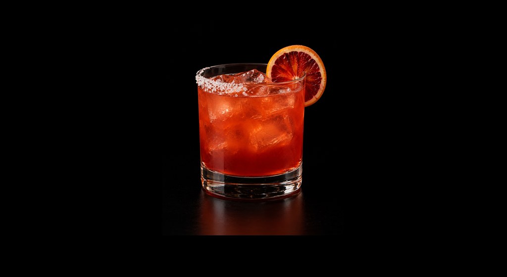 Blood Orange Margarita cocktail on a dark studio background