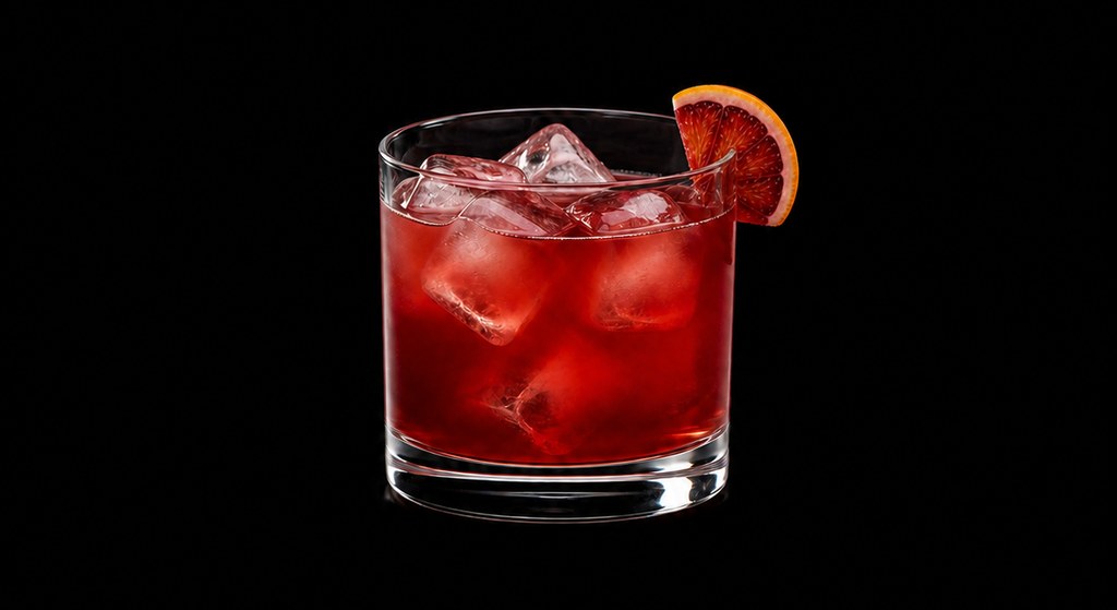 Bloody Negroni cocktail on a dark studio background