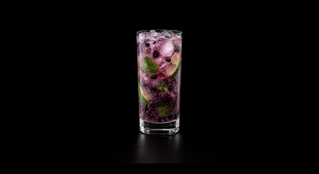 Blueberry Mint Mocktail cocktail on a dark studio background