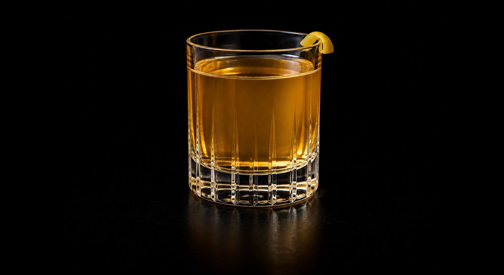 Bourbon And Elder cocktail on a dark studio background