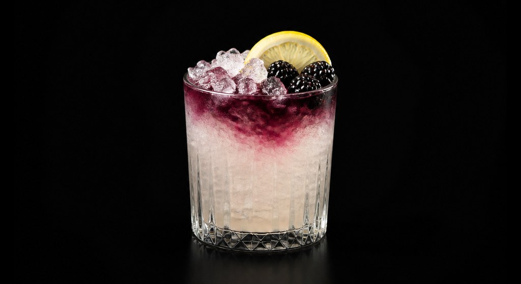 Bramble cocktail on a dark studio background