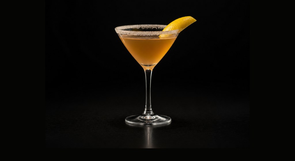 Brandy Crusta cocktail on a dark studio background