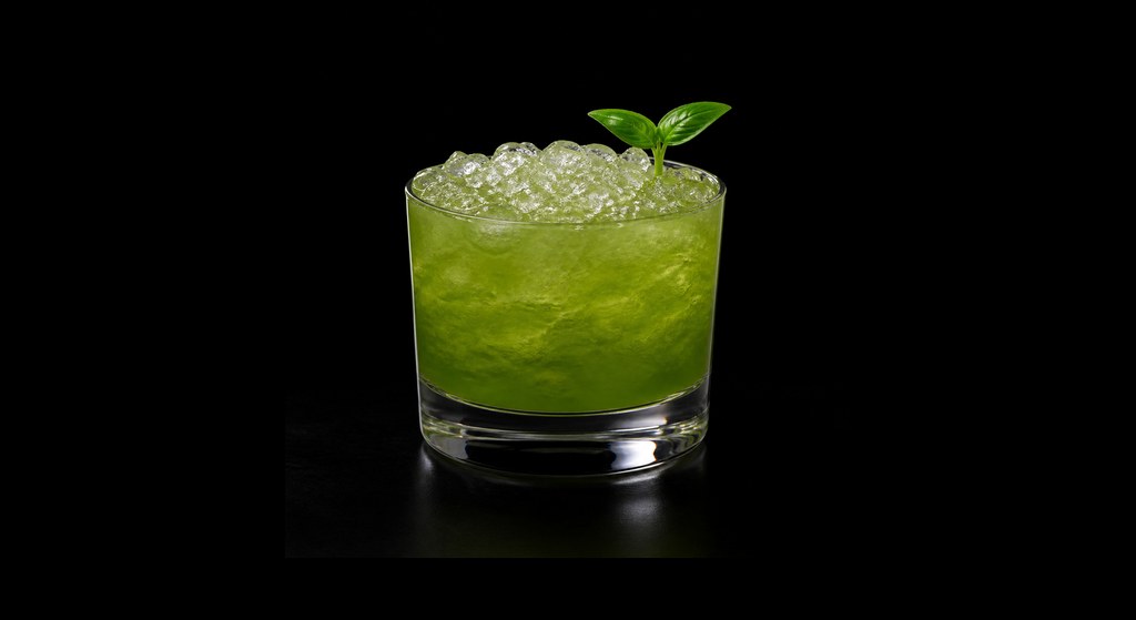 Brazil Basil Smash cocktail on a dark studio background