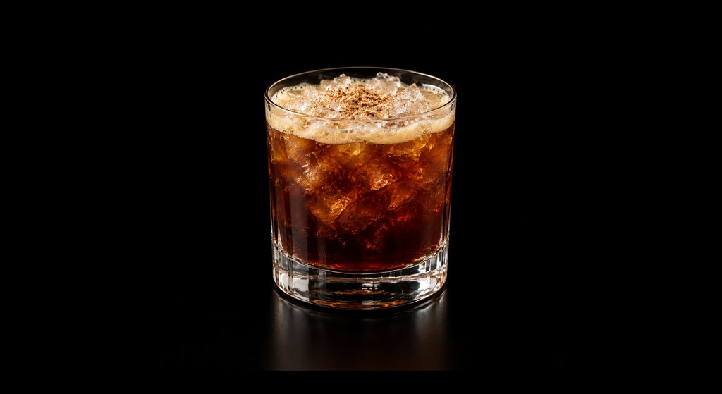 Buster's Stout Punch cocktail on a dark studio background