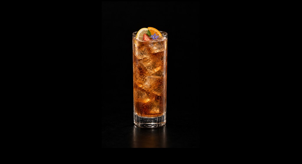 Calvados Fruit Cup (Difford's Cup No.13) cocktail on a dark studio background