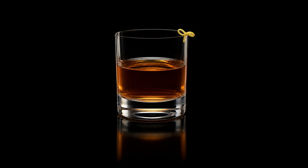 Calvados Sazerac cocktail on a dark studio background