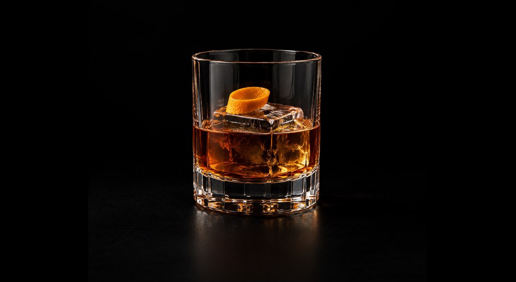 Carajillo Old Fashioned cocktail on a dark studio background
