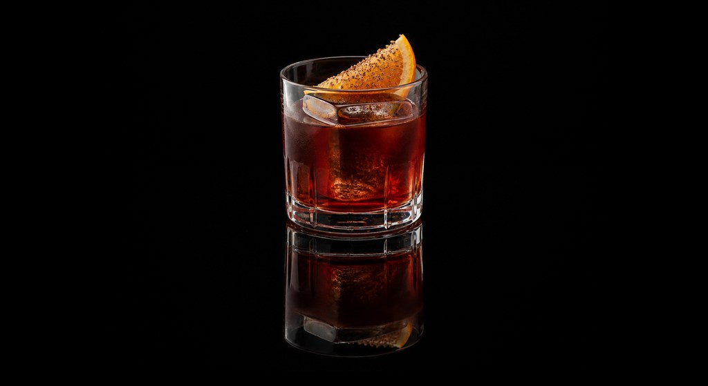 Chocolate Negroni cocktail on a dark studio background