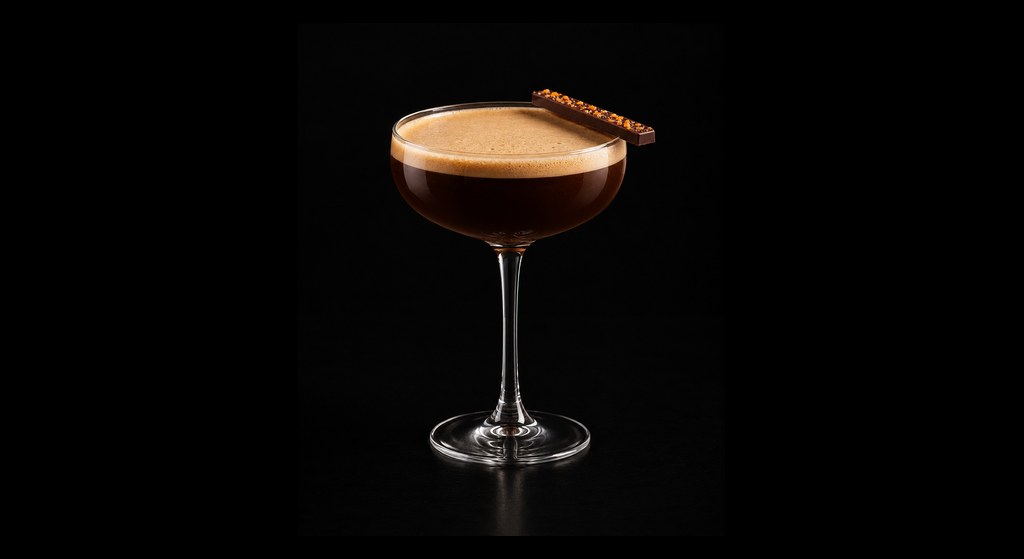 Chocolate Orange Espresso Martini cocktail on a dark studio background