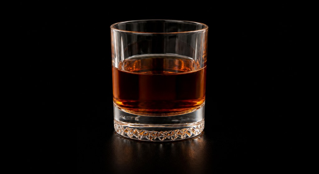 Chocolate Sazerac cocktail on a dark studio background