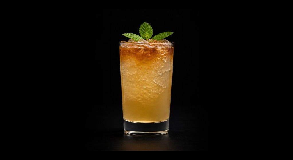 Coffey Park Swizzle cocktail on a dark studio background