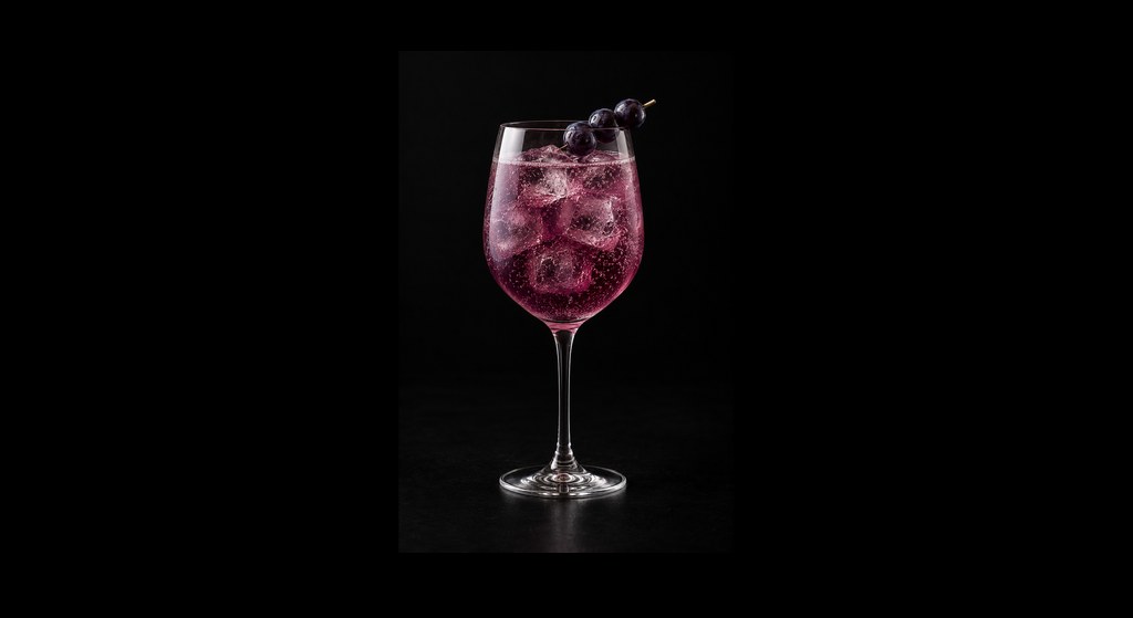 Concord Grape Spritz cocktail on a dark studio background