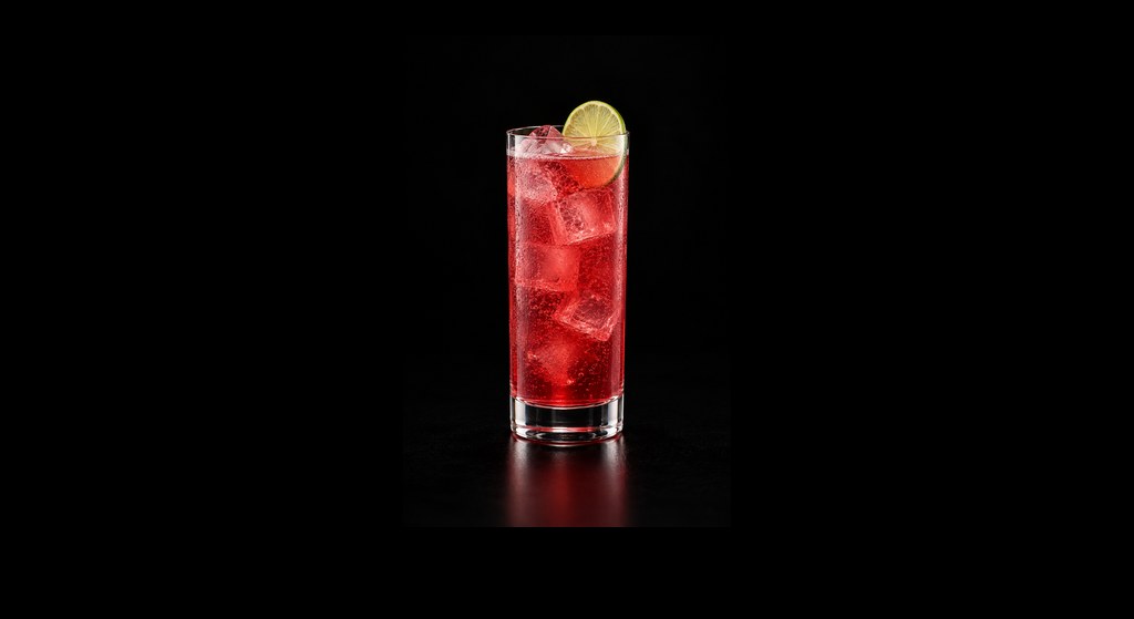 Cranberry Collins cocktail on a dark studio background