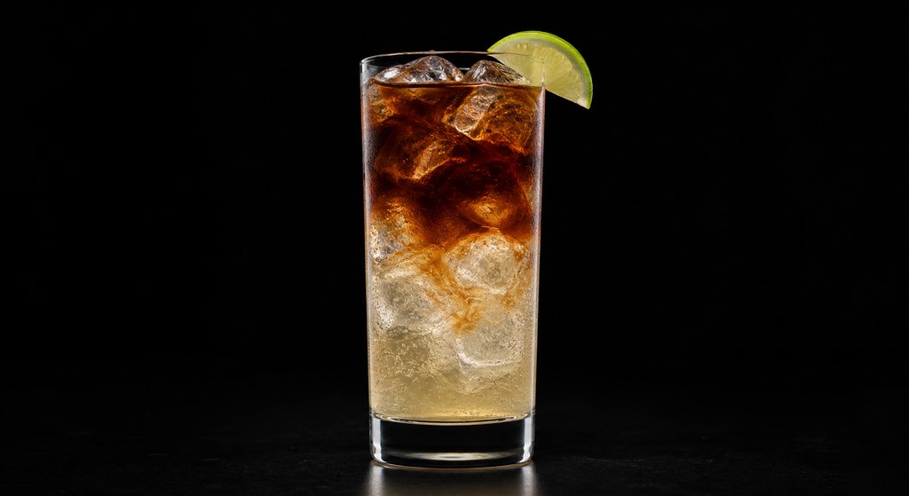 Dark 'n' Stormy cocktail in a highball glass on a black background