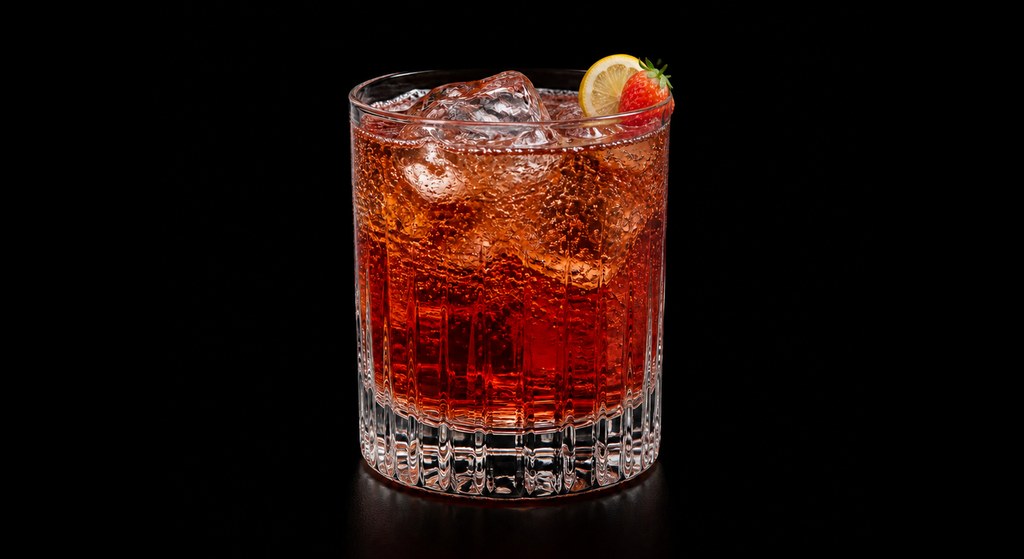 Darryl Strawberry cocktail on a dark studio background