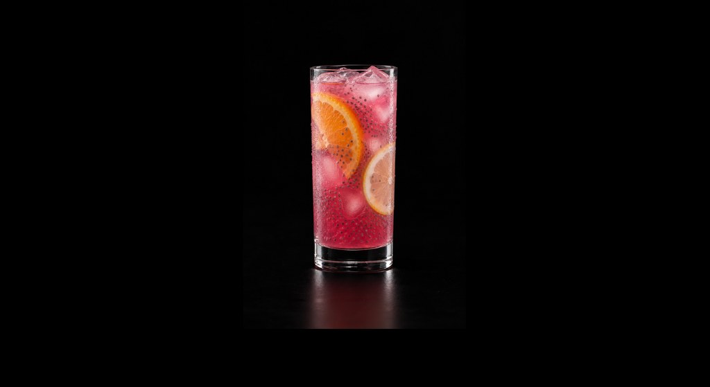 Dragon Fruit Chia Punch cocktail on a dark studio background
