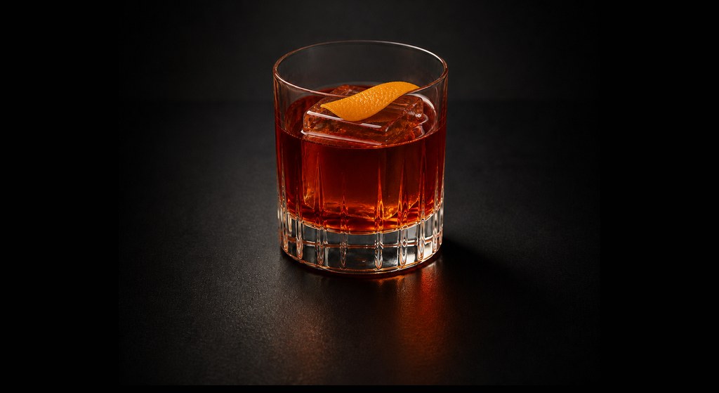 East India Negroni cocktail on a dark studio background