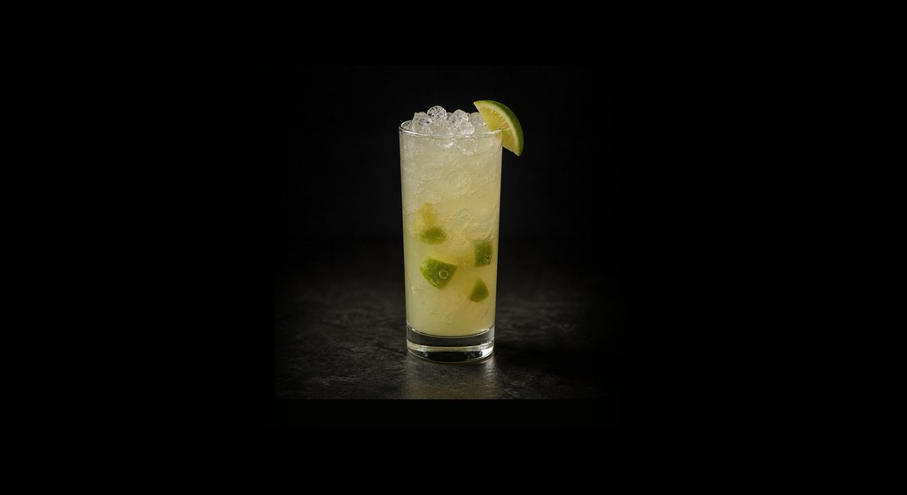 Elderflower Caipirinha cocktail on a dark studio background