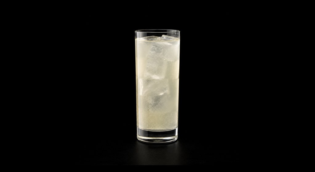 Elderflower Collins cocktail on a dark studio background