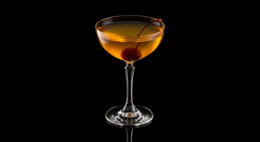 Elderflower Manhattan cocktail on a dark studio background