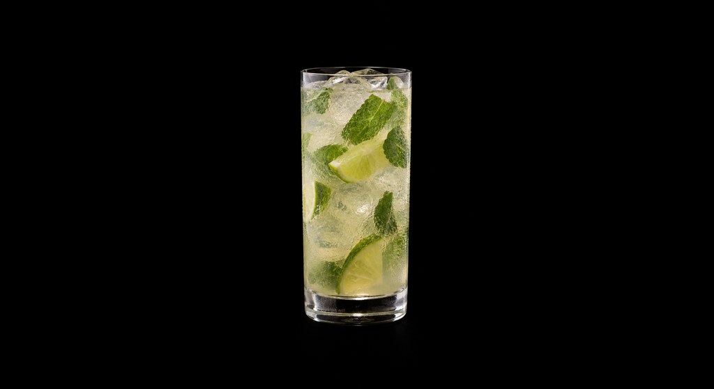 Elderflower Mojito Mocktail cocktail on a dark studio background