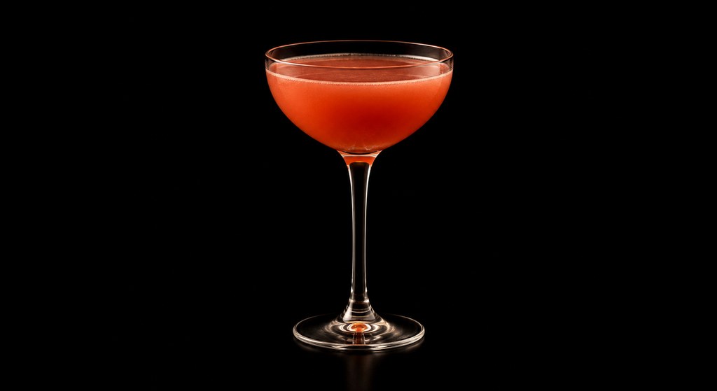 Equal Parts Blood And Sand cocktail on a dark studio background