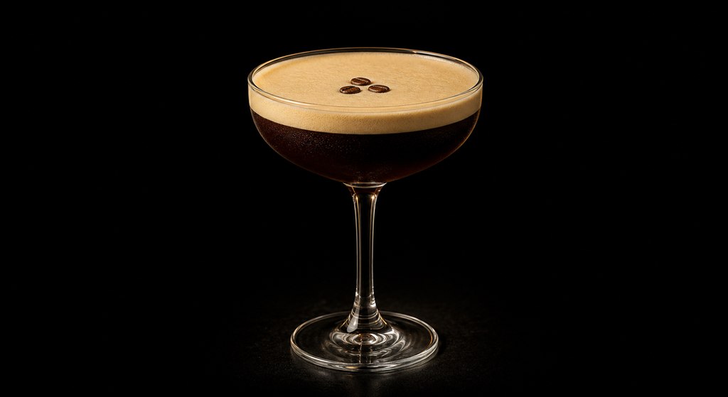 Espresso Martini cocktail in a coupe glass on a black background