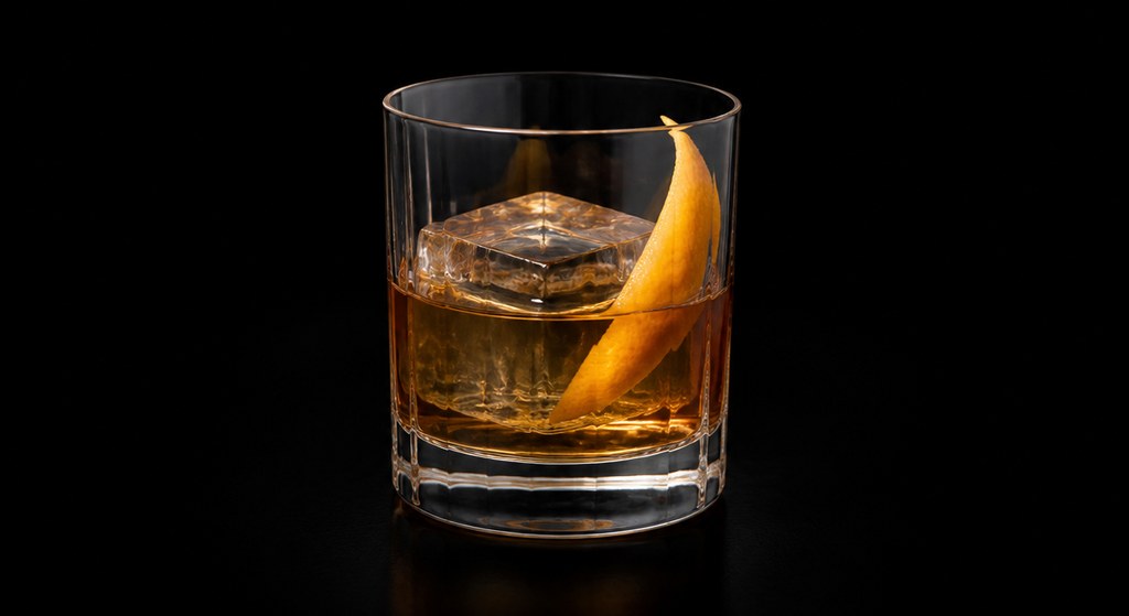 Fancy Free cocktail on a dark studio background