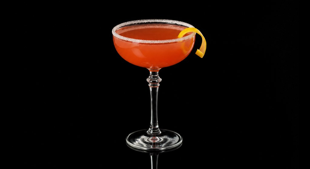 Feather Duster Crusta cocktail on a dark studio background