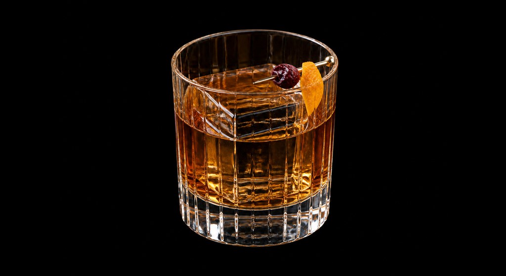 Frangelico Old-Fashioned cocktail on a dark studio background