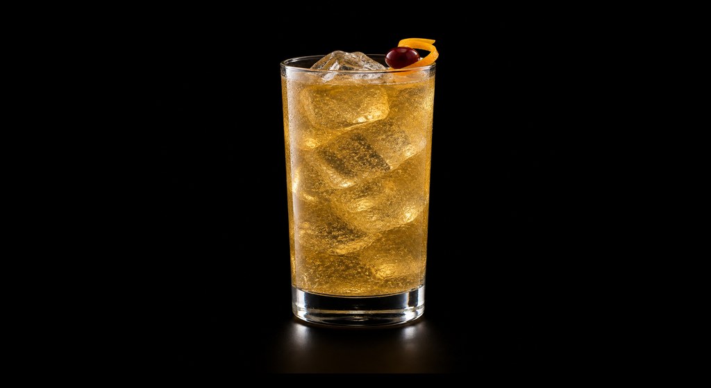 Golden Friendship cocktail on a dark studio background