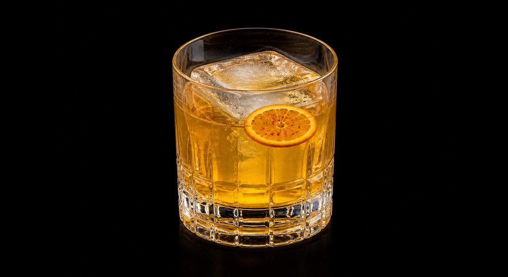 Golden Handcuffs cocktail on a dark studio background