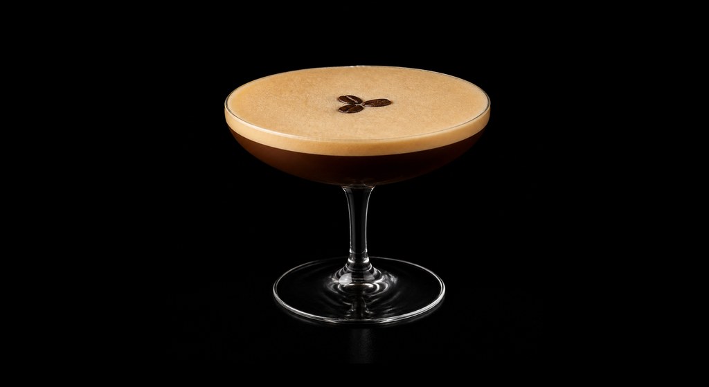 Grappa Espresso Martini cocktail on a dark studio background