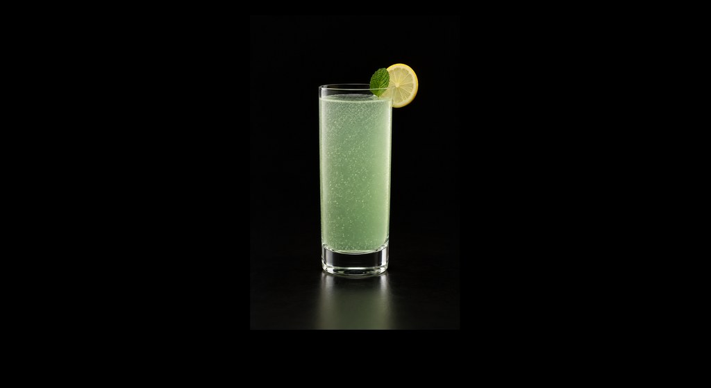 Green Fizz cocktail on a dark studio background